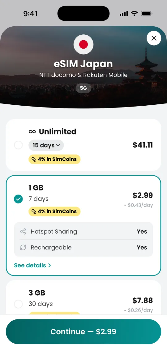 The Simsima app on iPhone: choosing an eSIM plan