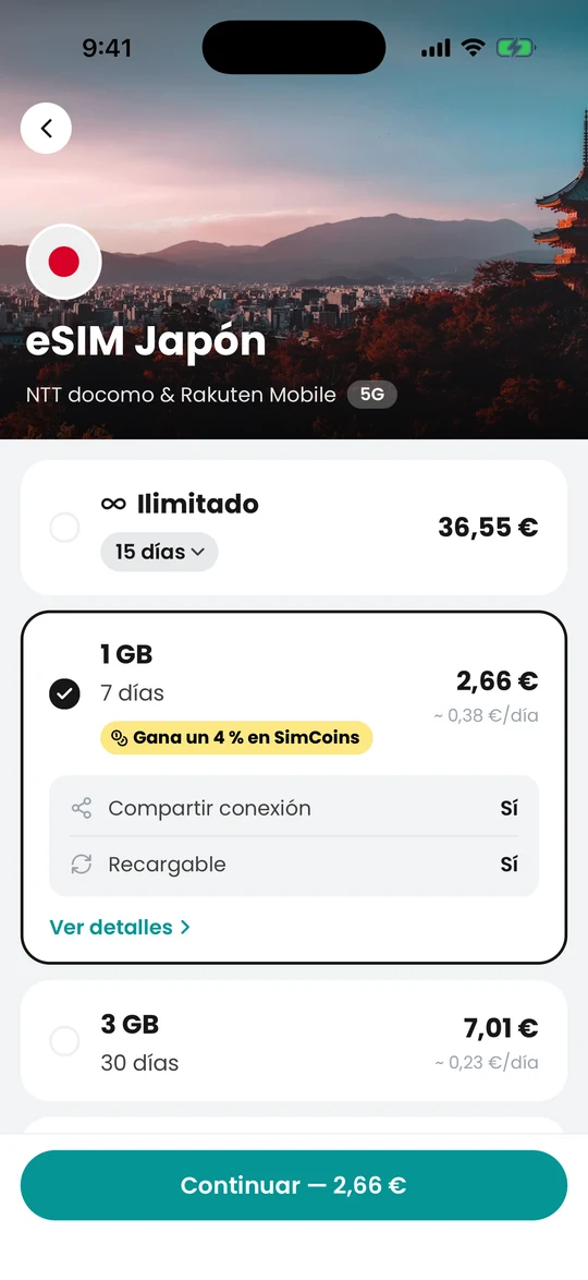 La app de Simsima en iPhone: elección de un plan eSIM