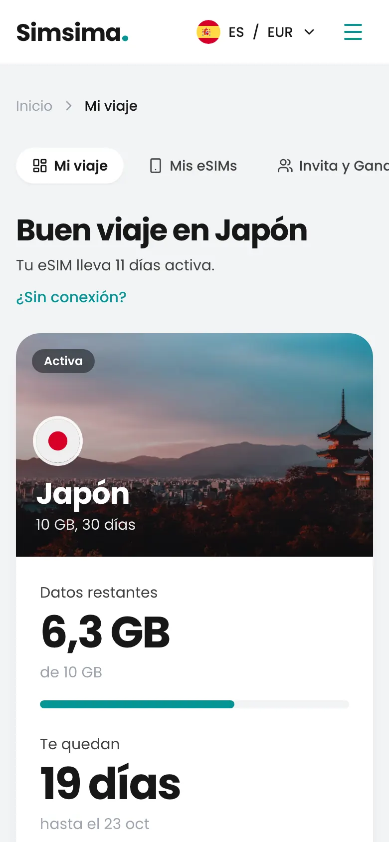 Cuenta Simsima, 6,3 GB restantes en Japón